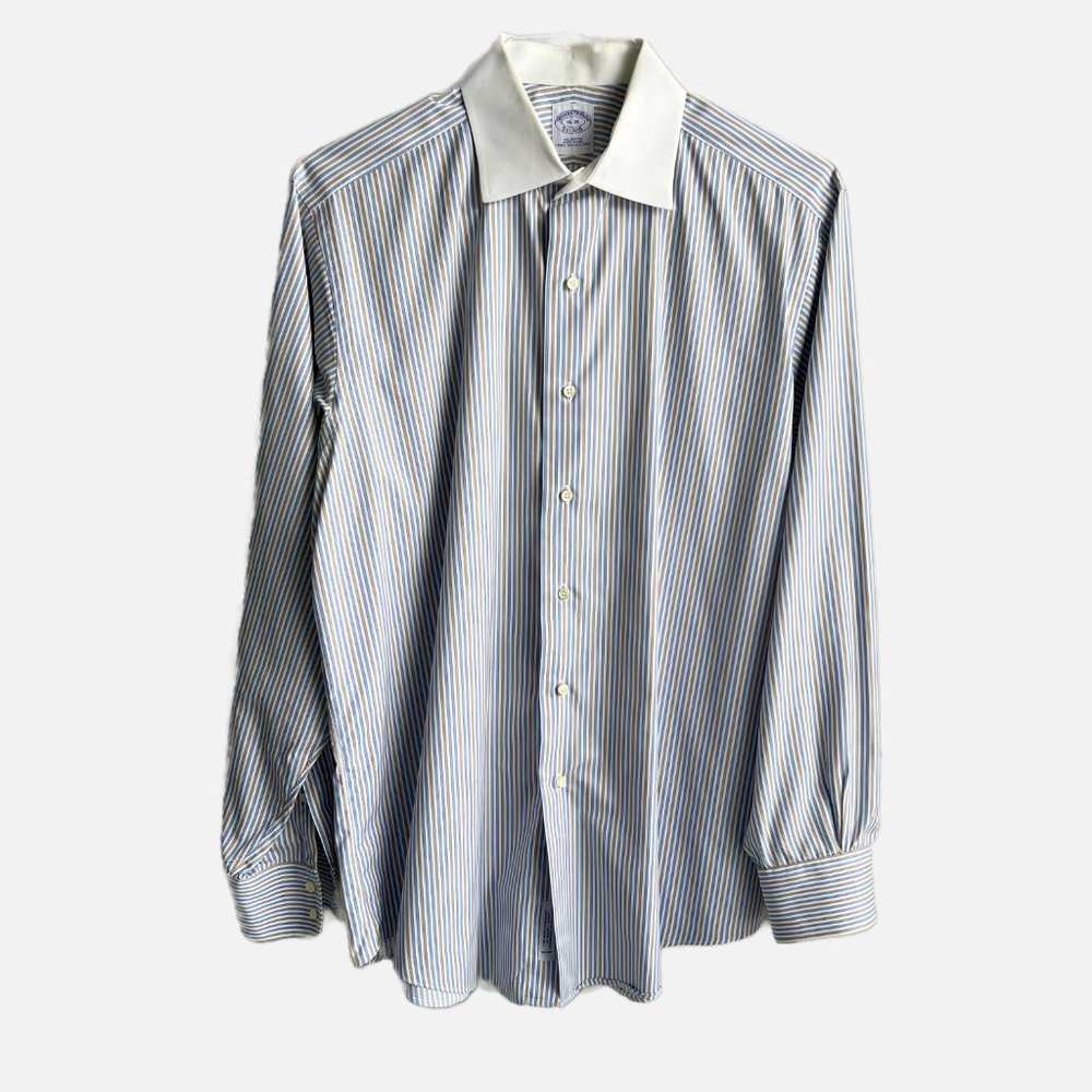 Brooks Brothers Men's Dress Shirt, Pinstripe blue and brown, Size 16-35 - Picture 7 of 7